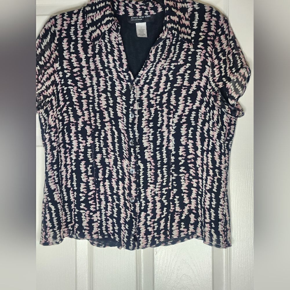 Jones New York 14 Black Mlticlrd Lined 100%SILK Shrtslv Buttons Up Women Blouse